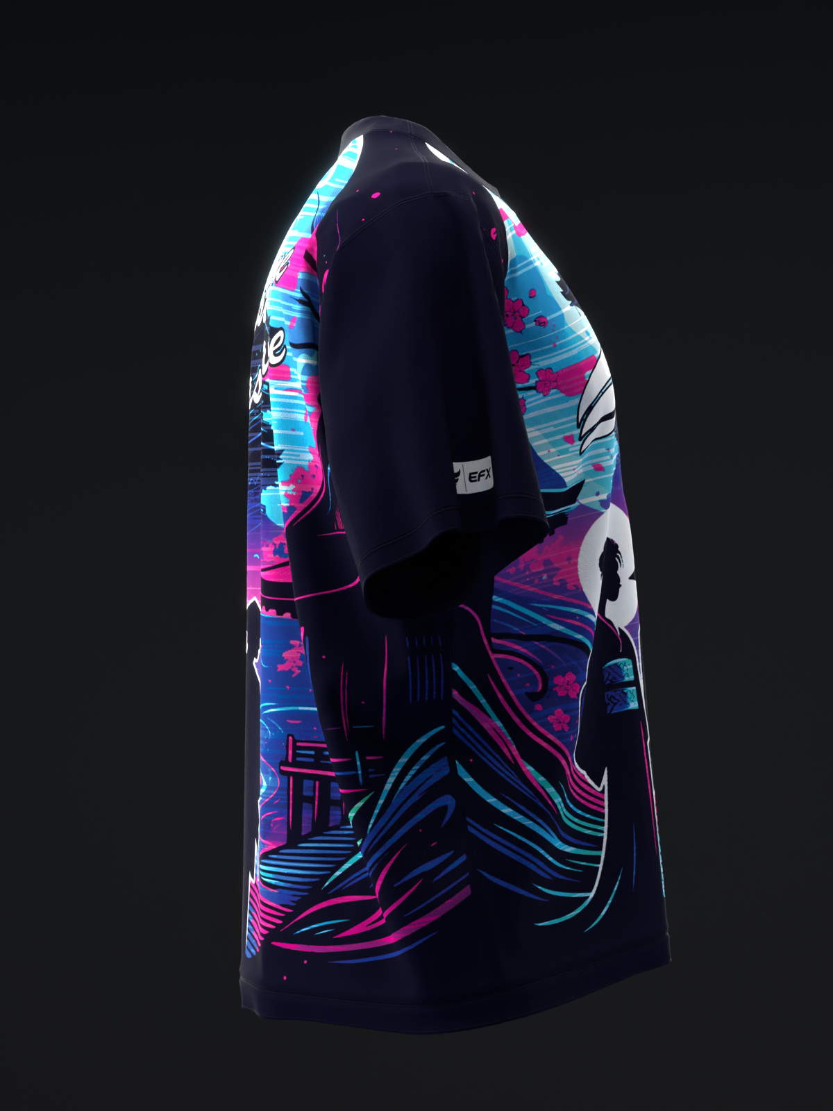 Black bowling jersey with neon pink and cyan abstract graphic design