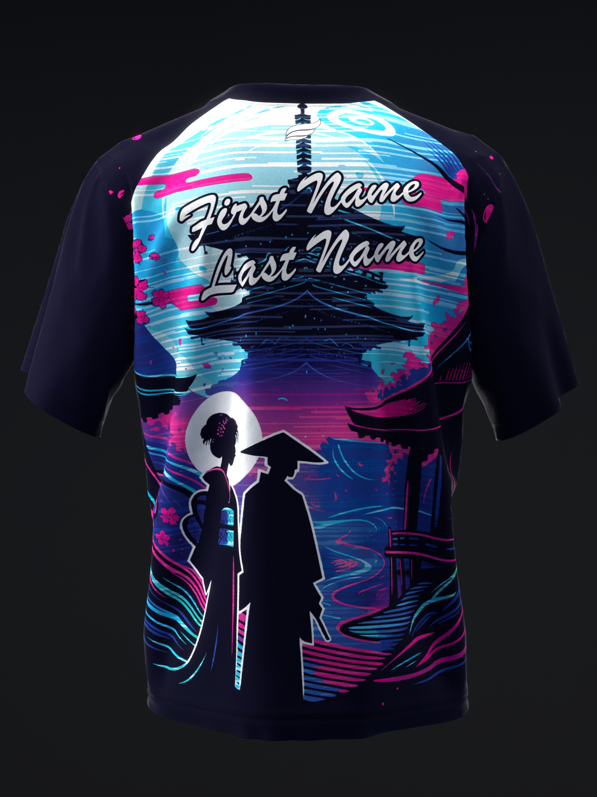 Black bowling jersey front with neon cyberpunk graphic and name customization fields