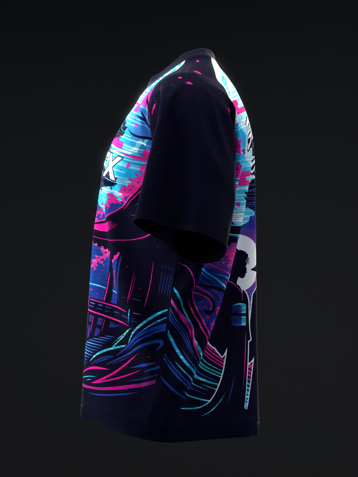 Black bowling jersey with neon pink, cyan, and blue abstract graphic design