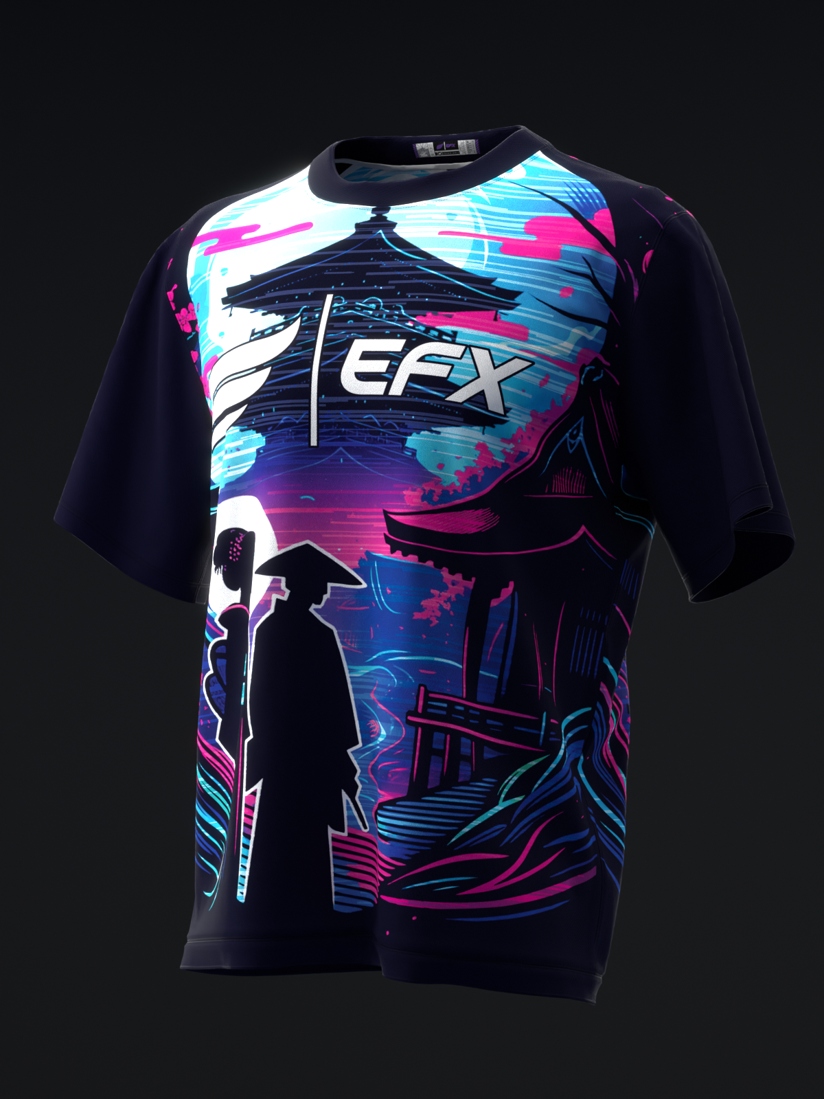Black bowling jersey with neon cyan, magenta, and white graphic design on front