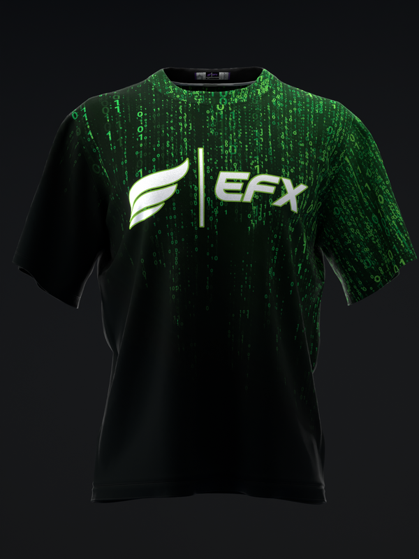 Black bowling jersey front view with green matrix code pattern and EFX logo