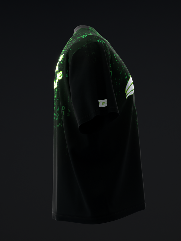 Black bowling jersey with neon green and white graphics, side view