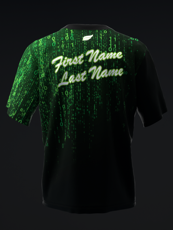 Black bowling jersey with green digital matrix pattern and gold personalization text