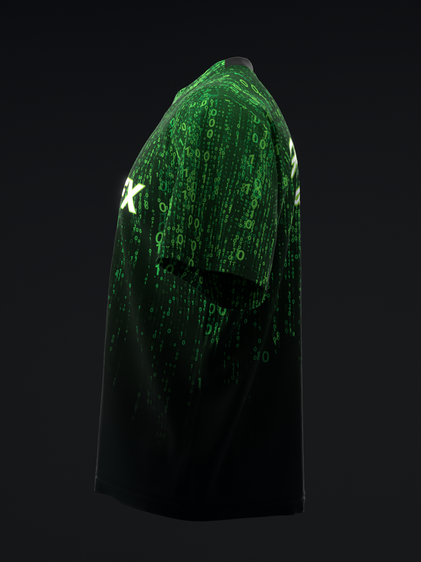 Black bowling jersey with green matrix code pattern and white star graphic