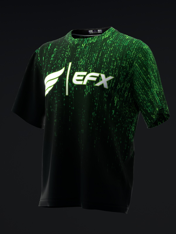 Black bowling jersey with green digital matrix pattern and EFX logo, front view