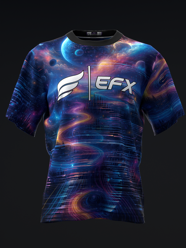 Front view bowling jersey with cosmic galaxy pattern in blue, purple, and orange tones featuring EFX logo
