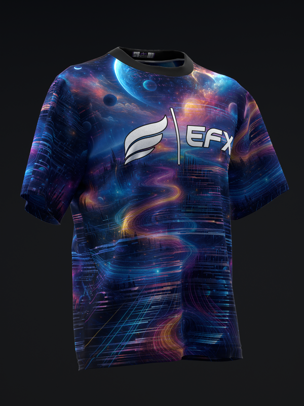 Blue bowling jersey with cosmic nebula pattern and EFX logo, front view