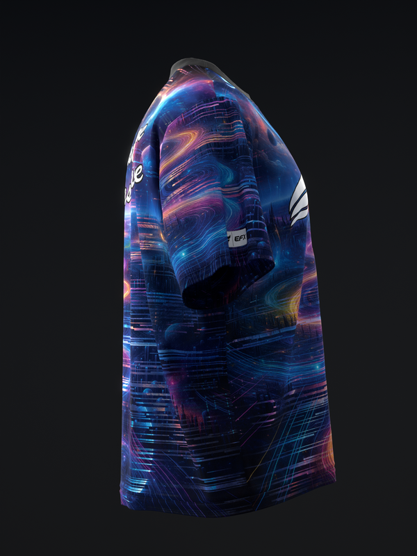 Navy bowling jersey with neon blue and purple digital circuit board graphic, front view