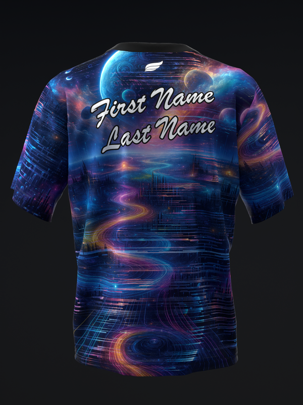 Dark bowling jersey with blue and purple neon swirls, personalized name text, back view