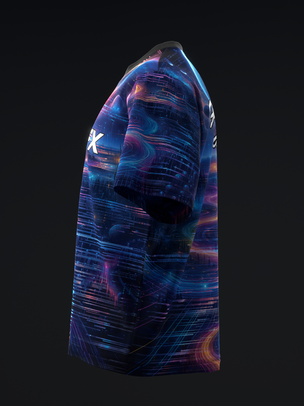 Blue bowling jersey with abstract neon circuit and swirl pattern, side view