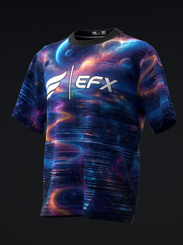 EFX bowling jersey with cosmic blue, purple, and orange swirl pattern, front view