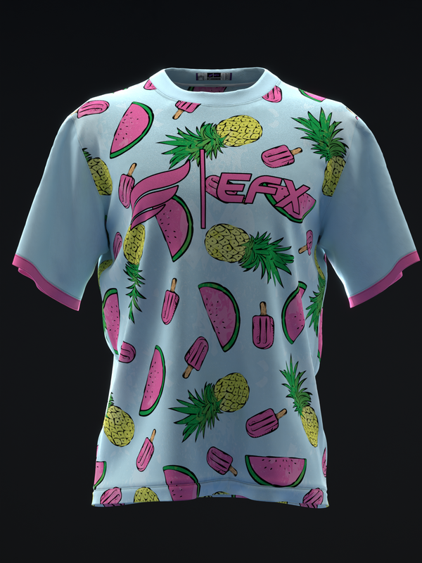 Light blue bowling jersey with tropical fruit and popsicle graphic print, front view