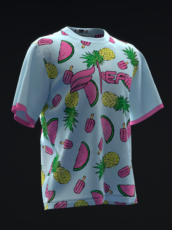 Light blue bowling jersey with watermelon, pineapple, and popsicle print throughout