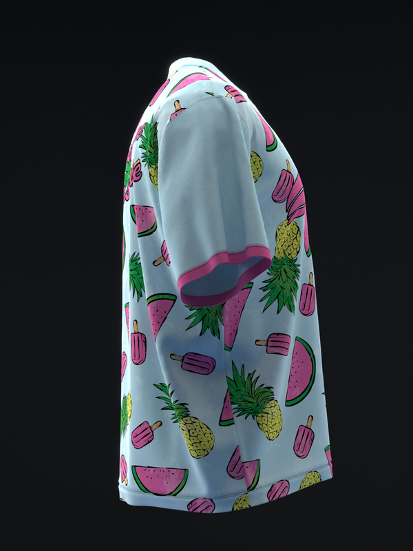 Light blue bowling jersey with watermelon and pineapple print, side view
