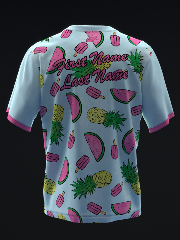 Light blue bowling jersey with pineapples, watermelons, and popsicle print