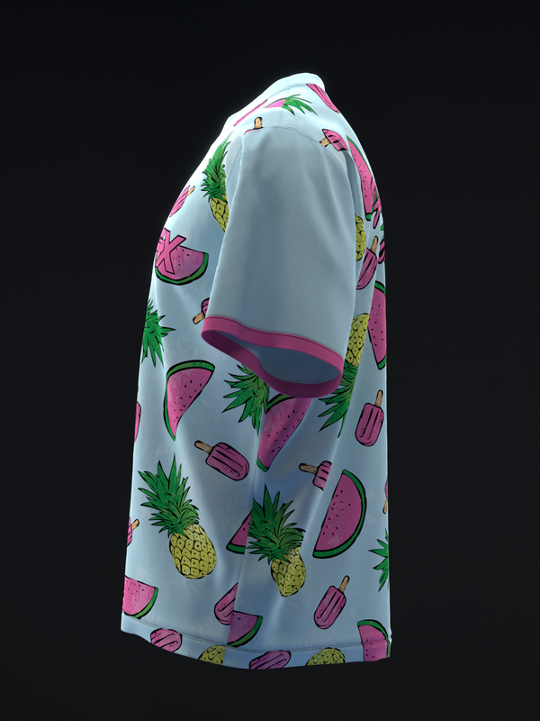 Light blue bowling jersey with colorful fruit and popsicle print, side view