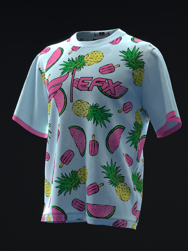 Light blue bowling jersey with tropical fruit and popsicle print, front view