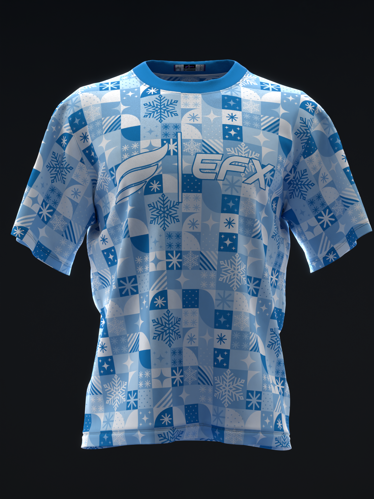 Blue and white bowling jersey with snowflake and checkered pattern, front view