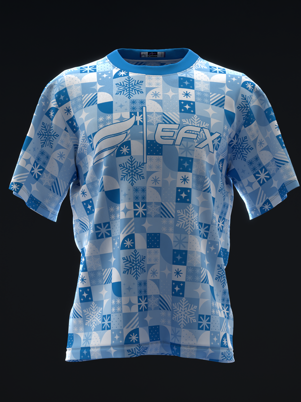 Blue and white bowling jersey with snowflake and checkered pattern, front view