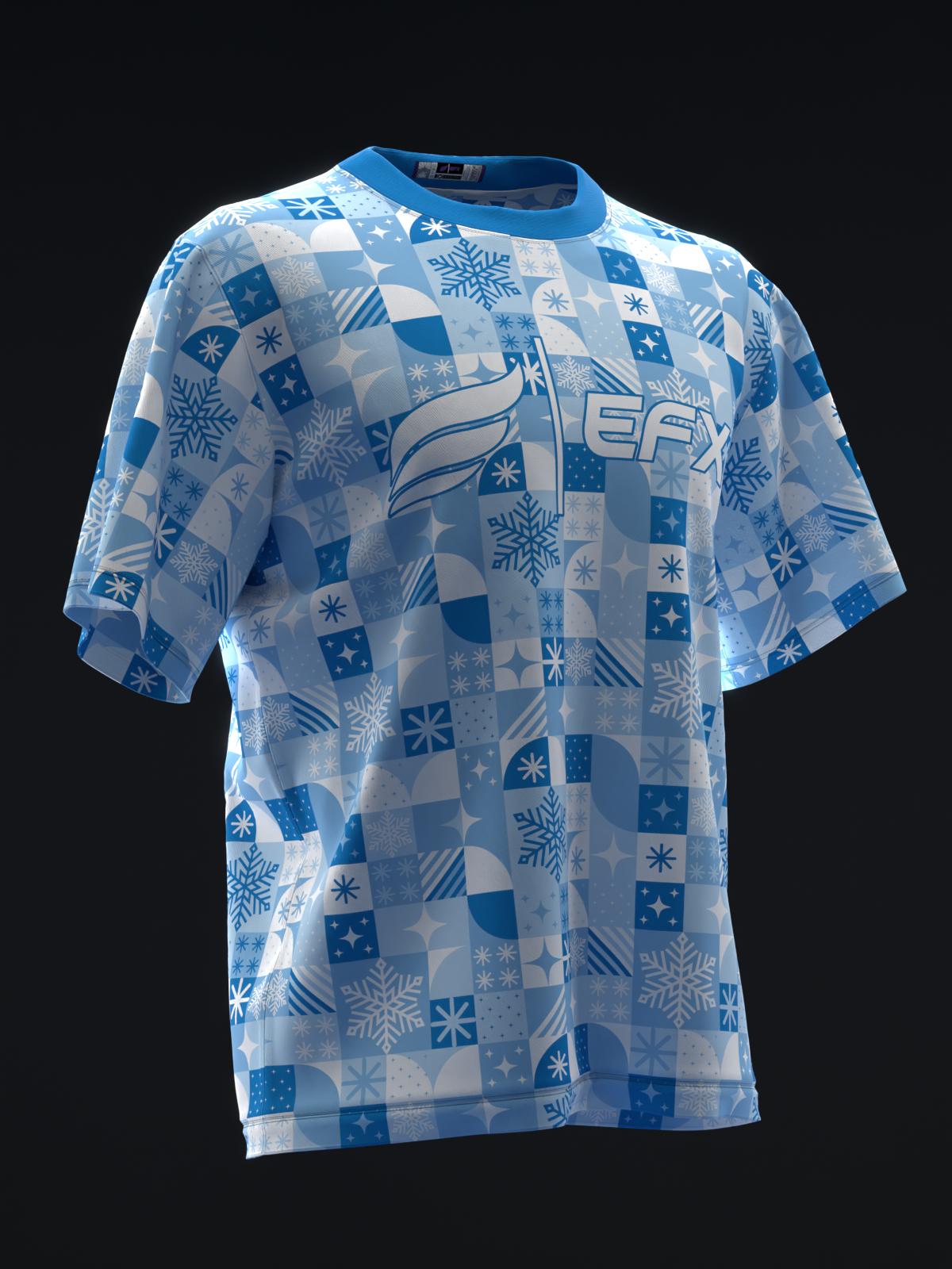 Blue and white bowling jersey with snowflake and geometric pattern, front view