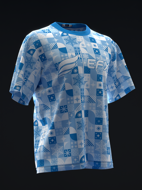 Blue and white bowling jersey with snowflake and geometric pattern, front view