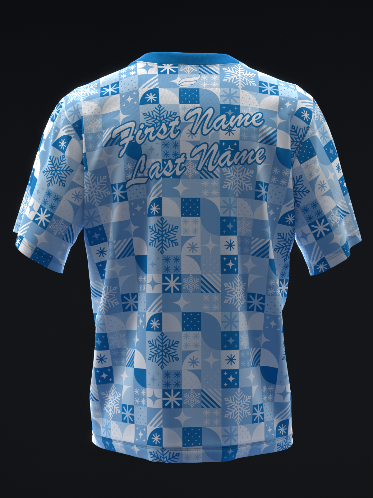 Blue and white bowling jersey with snowflake patchwork pattern, back view