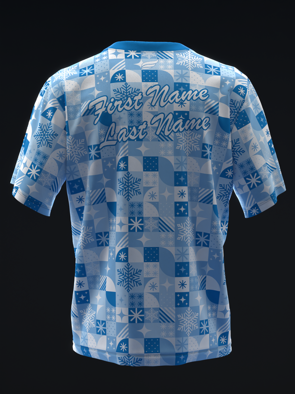 Blue and white bowling jersey with snowflake patchwork pattern, back view