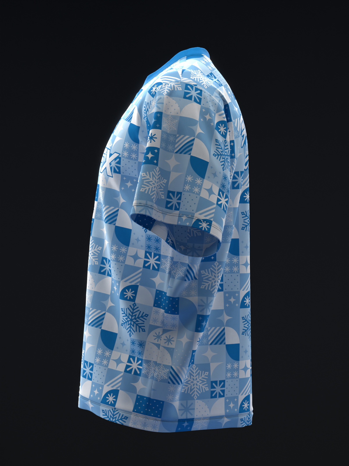 Blue and white bowling jersey with checkered snowflake pattern, side view