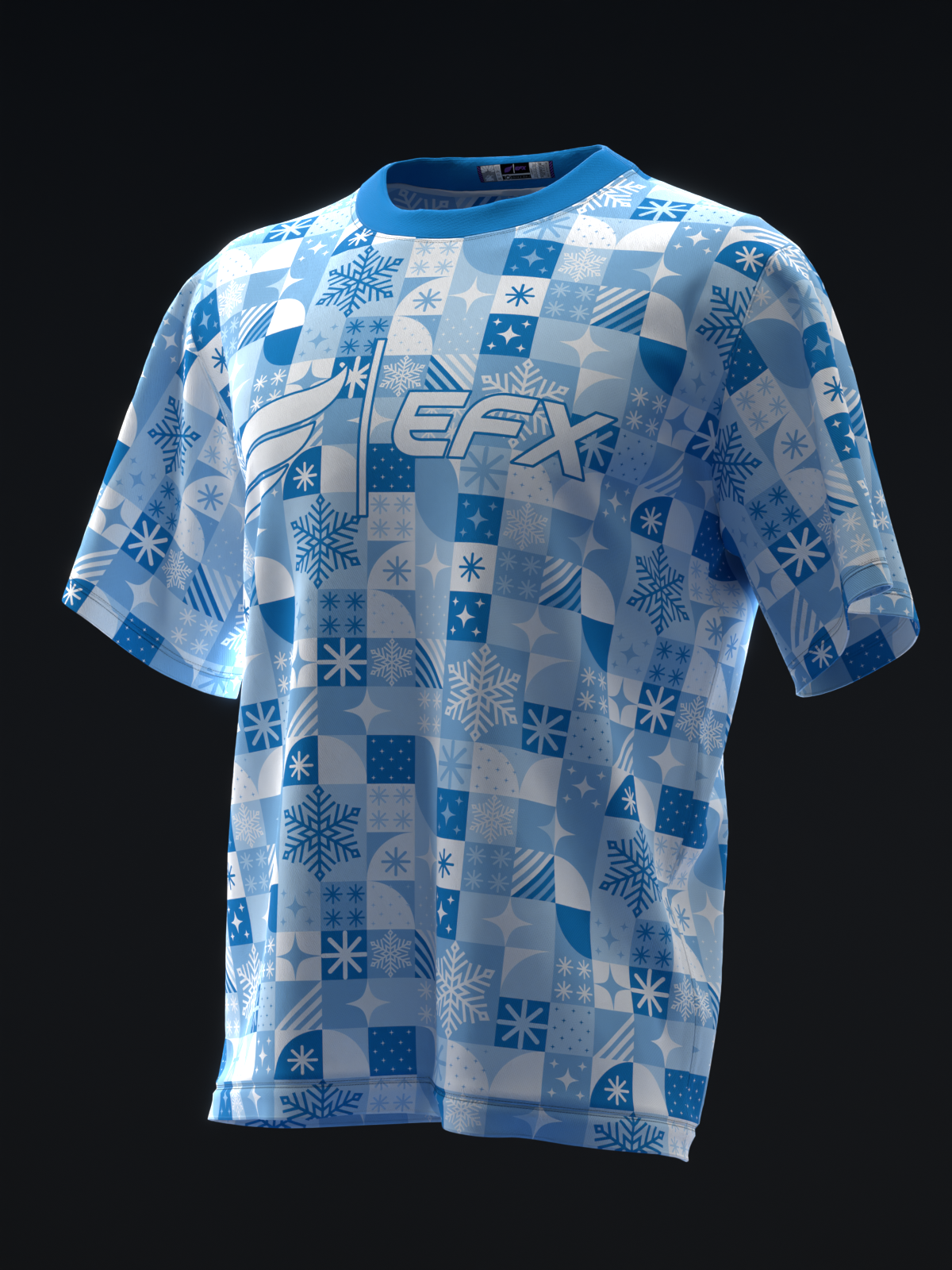 Blue and white bowling jersey with snowflake and checkered pattern, front view