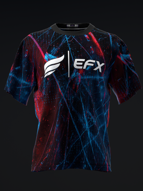 Black bowling jersey with red and blue glitch pattern and EFX logo
