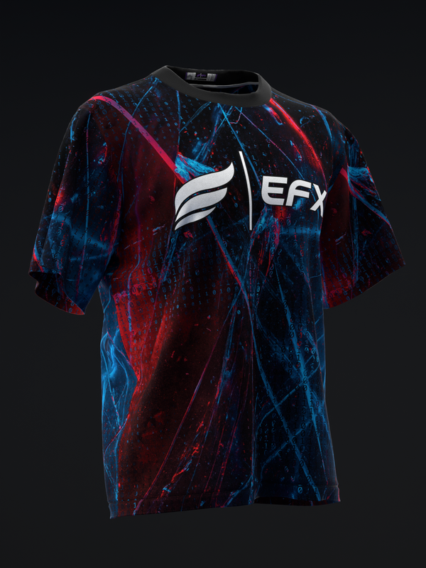 Black bowling jersey with red and blue abstract glitch pattern and EFX logo