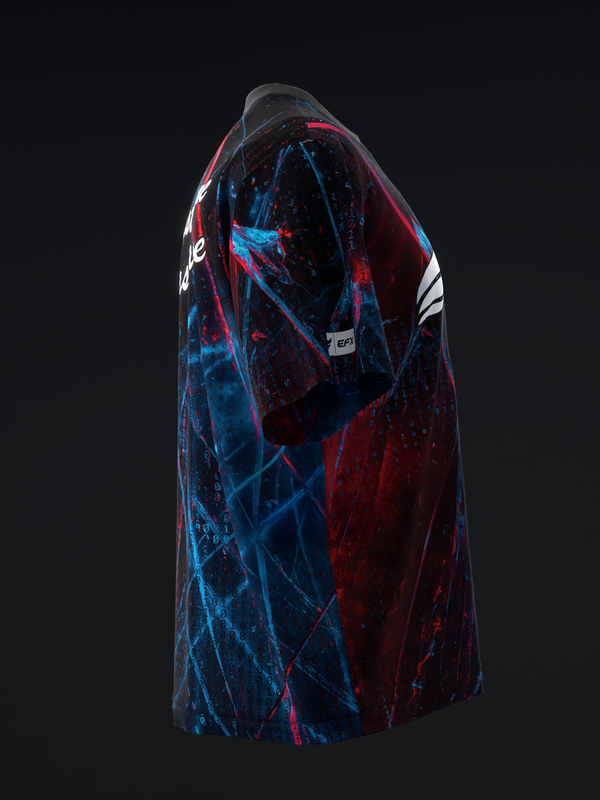 Bowling jersey in red and blue with abstract glitch pattern graphic design, front view