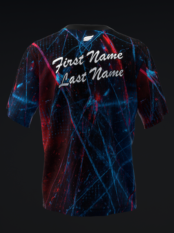 Black bowling jersey with red and blue glitch pattern, personalized name text