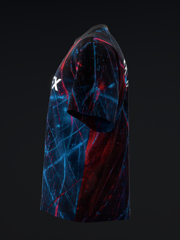 Black bowling jersey with red and blue glitch pattern and white graphic details