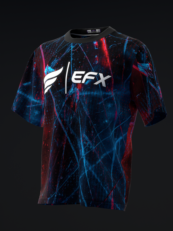 Black bowling jersey with red and blue glitch pattern and EFX logo