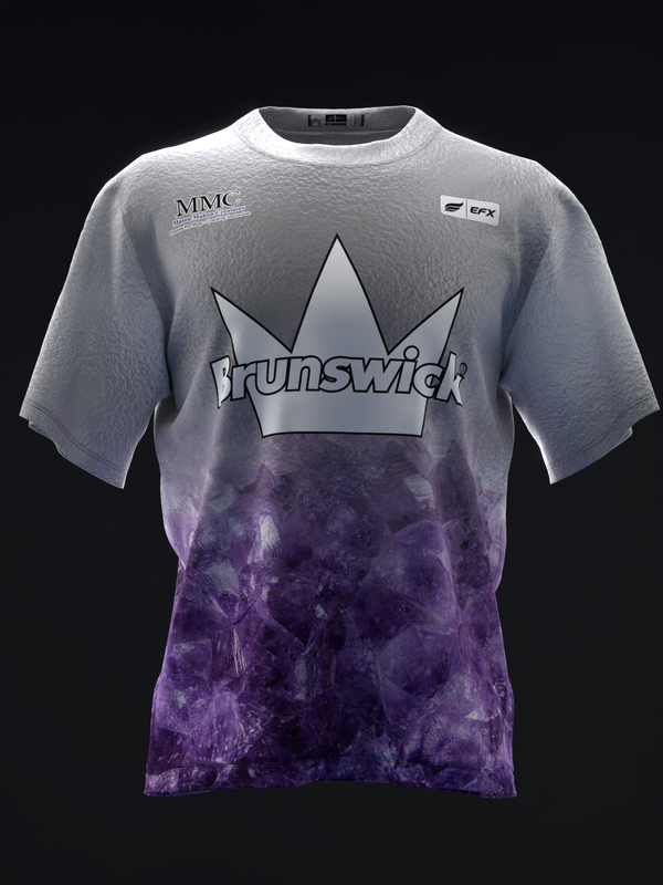Gray and purple tie-dye bowling jersey with Brunswick crown logo front view