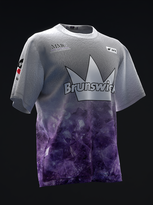 Gray and purple tie-dye bowling jersey with Brunswick crown logo on front