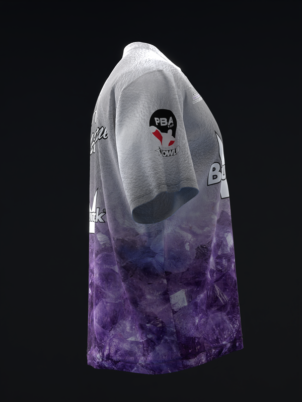 White and purple ombre bowling jersey with PBA logo and text graphics