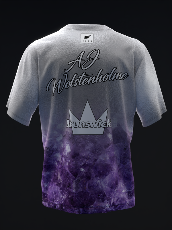 Back view of bowling jersey with white upper body fading to purple tie-dye lower body, featuring scripted text and crown logo.