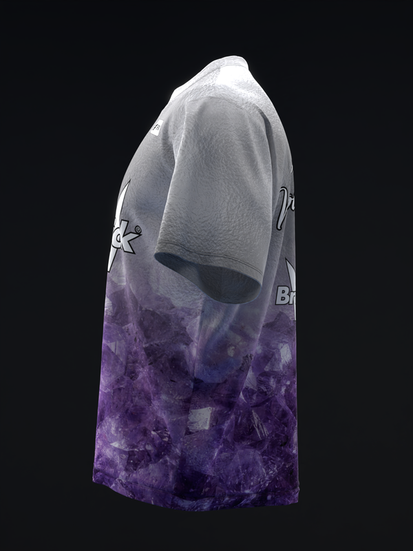 White bowling jersey with purple tie-dye gradient lower half, side view