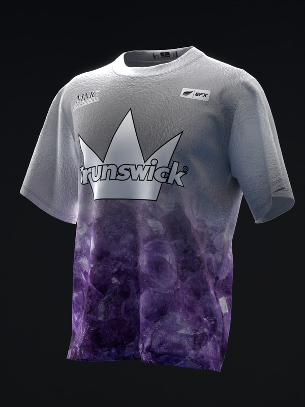 Bowling jersey with white upper half and purple tie-dye lower half, Brunswick crown logo front view