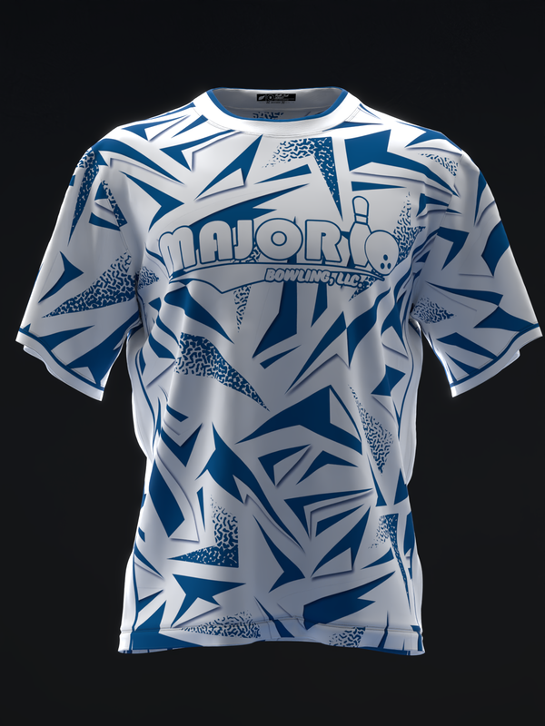 White and blue bowling jersey with geometric abstract pattern and centered text graphic