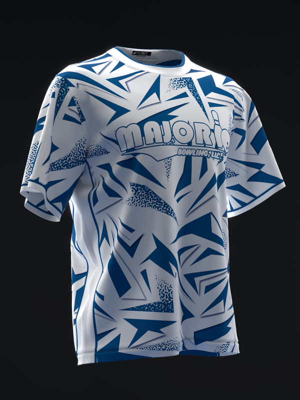 White bowling jersey with blue geometric and dotted pattern design, front view