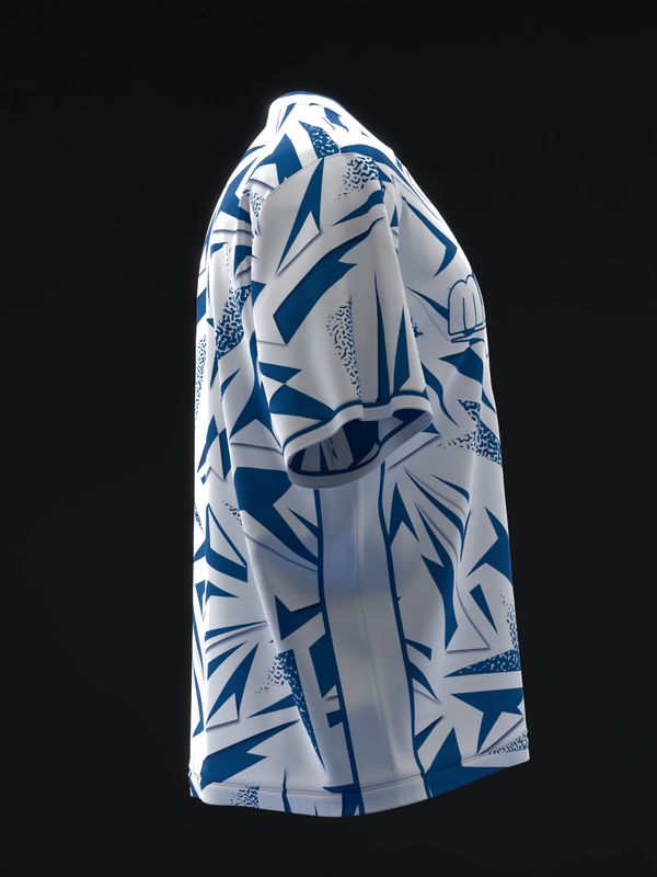White bowling jersey with blue geometric abstract pattern, side view