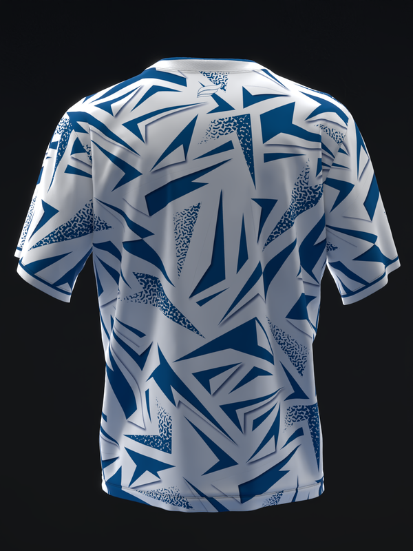 White bowling jersey with navy blue geometric triangular and textured pattern, back view