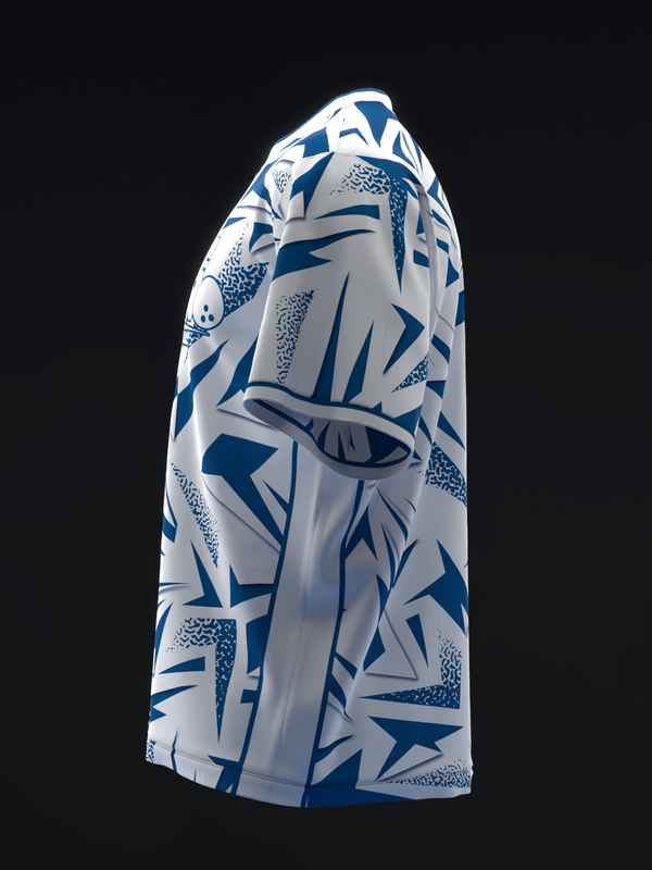 White bowling jersey with blue abstract geometric pattern, side view