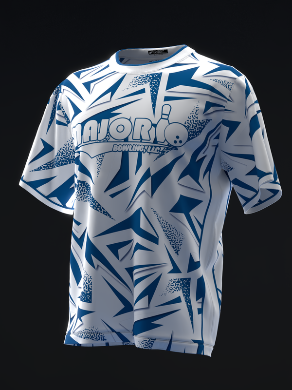 White bowling jersey with blue geometric and abstract pattern throughout front view