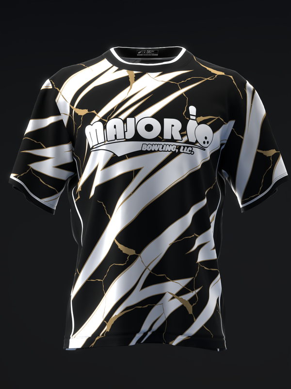 Black bowling jersey with white and gold lightning bolt design and Majoria text