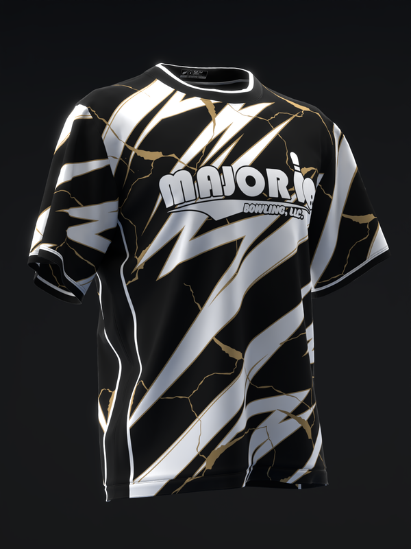Black bowling jersey with white and gold lightning bolt pattern and Majork logo
