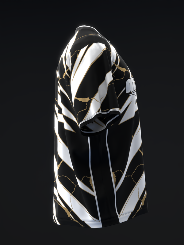 Black bowling jersey with white and gold geometric pattern, front view on mannequin